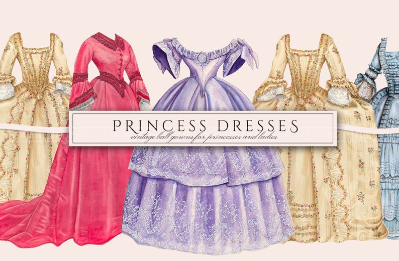 Prinses Jurk Clipart in PNG, Lange Baljurk, Sprookje, Vintage Illustraties, Papieren Pop Overlays, Digitale Download voor Commercieel Gebruik afbeelding 1