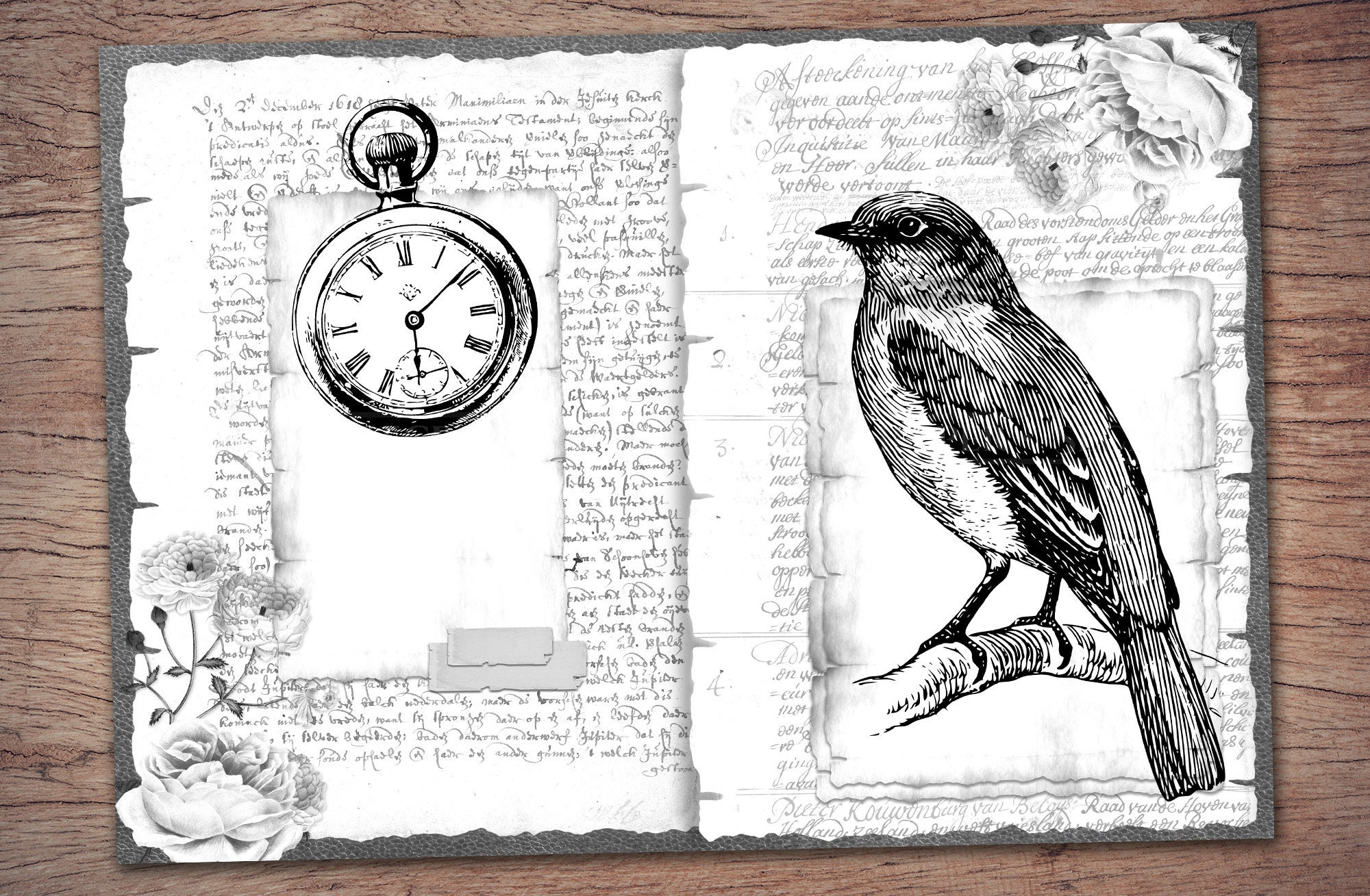 Black and White Junk Journal Kit (printable JPG Pages With Ephemera ...