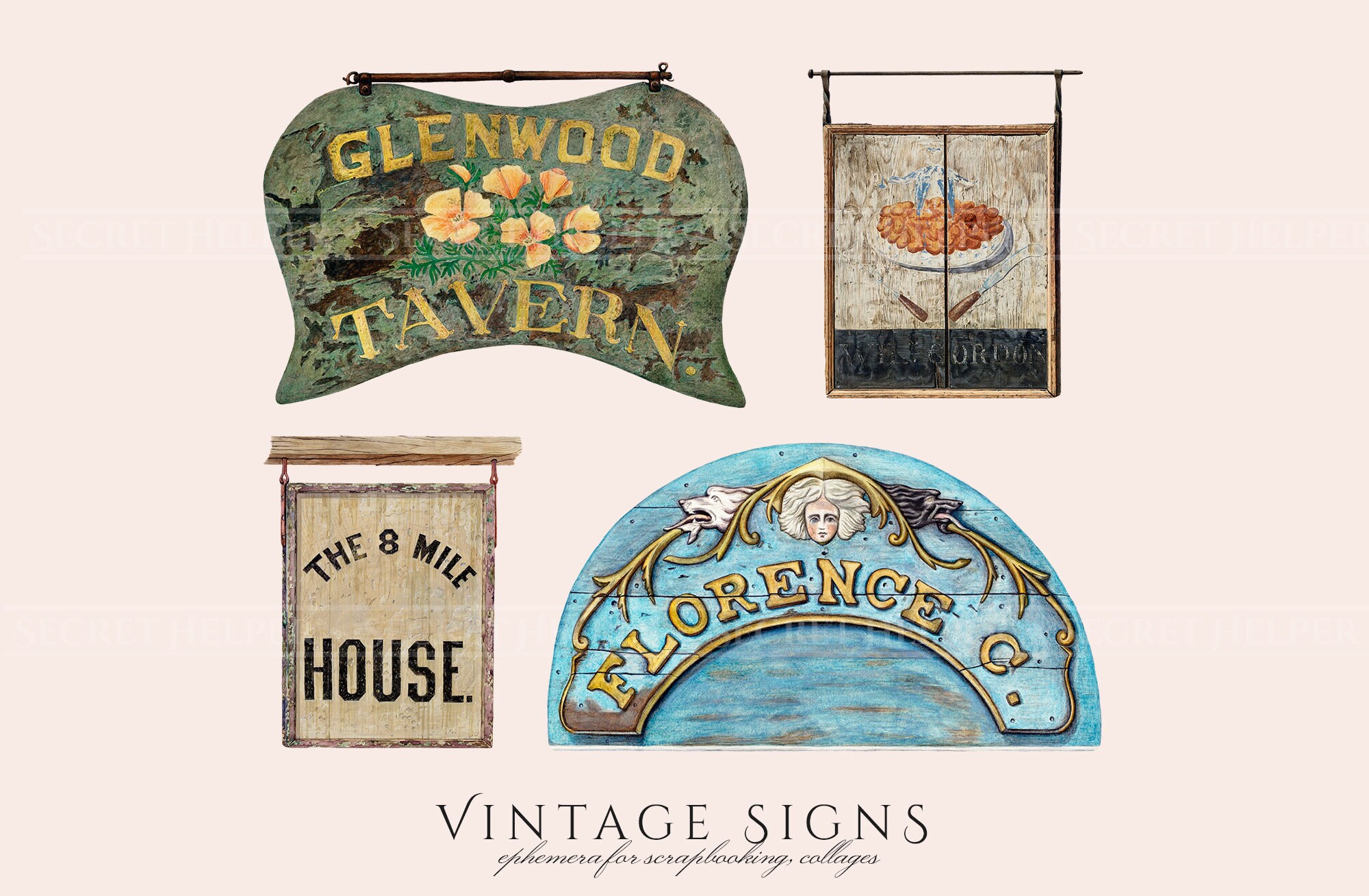 Old Signs Clipart in PNG Antique Shop Illustrations Retro - Etsy