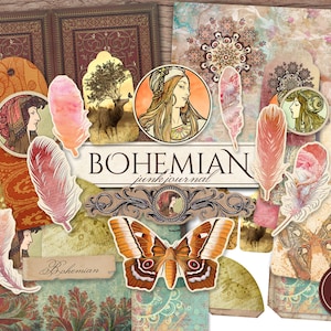 Boho Junk Journal Kit (páginas JPG imprimibles con efímeras, portada, etiquetas, marcadores), patrón Bohemia, papel digital Boho, descarga digital