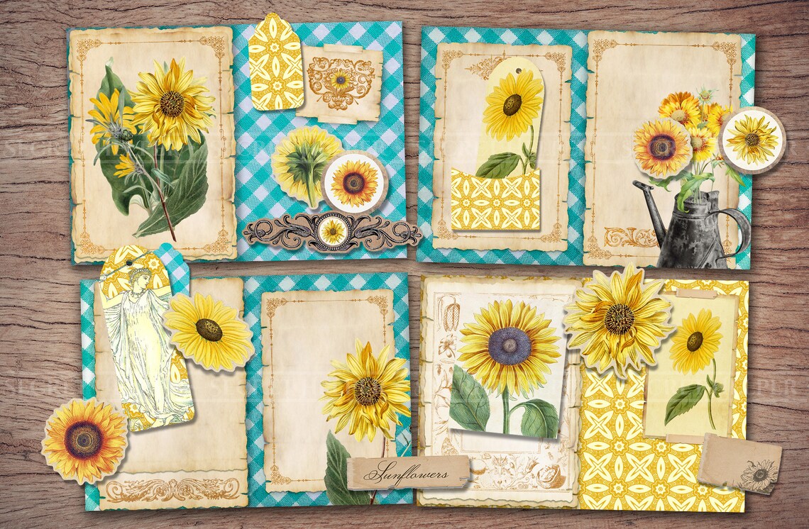 Sunflower Junk Journal Kit printable JPG Pages With Ephemera Etsy