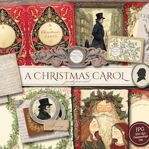 Kit de diario basura A Christmas Carol (páginas JPG imprimibles con material efímero, marcadores), Charles Dickens, Scrooge, papel digital, descarga digital