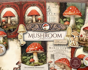 Mushroom Junk Journal Kit (Printable JPG Pages with Ephemera, Tags, Fussy Cuts), Magical Forest, Nature Digital Paper, Digital Download
