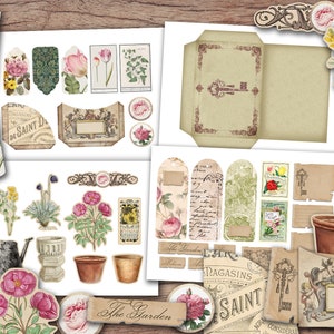 Puede incluir: Una colecci&oacute;n de papeles digitales, etiquetas y etiquetas de jard&iacute;n de tem&aacute;tica vintage imprimibles. Las im&aacute;genes presentan dise&ntilde;os florales, herramientas de jardiner&iacute;a y texto en franc&eacute;s e ingl&eacute;s.