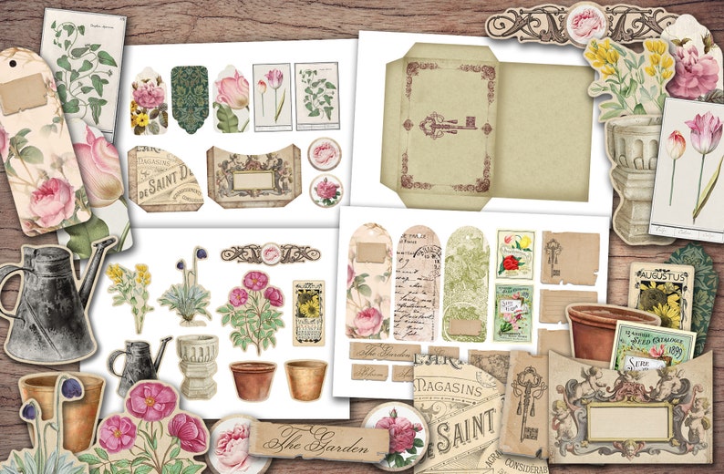 Puede incluir: Una colecci&oacute;n de papeles digitales, etiquetas y etiquetas de jard&iacute;n de tem&aacute;tica vintage imprimibles. Las im&aacute;genes presentan dise&ntilde;os florales, herramientas de jardiner&iacute;a y texto en franc&eacute;s e ingl&eacute;s.