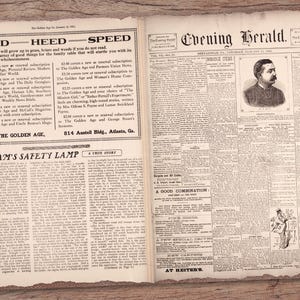 May include: A black and white newspaper page with the title "Evening Herald" and the text "READ HEED SPEED" and "SAM'S SAFETY LAMP".