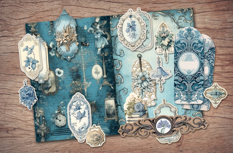 Blue Junk Journal Kit (printable JPG Pages With Ephemera, Tags ...