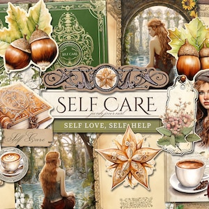 Self Care Junk Journal Kit (afdrukbare JPG-pagina's met kortstondige), begeleide zelfhulp, voor angst, zelfliefde digitaal papier, digitale download