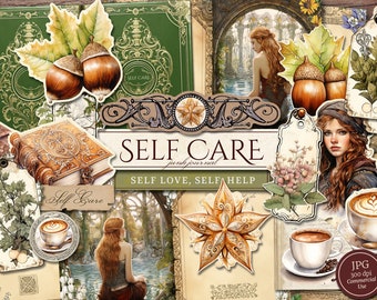 Self Care Junk Journal Kit (Printable JPG Pages with Ephemera), Guided Self Help, For Anxiety, Self Love Digital Paper, Digital Download