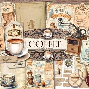 Kit de journal indésirable pour le café (pages JPG imprimables avec éphémères, étiquettes, signets), l'heure du thé, papier numérique vintage French Cafe, téléchargement numérique