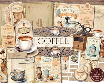 Coffee Junk Journal Kit (Printable JPG Pages with Ephemera, Tags, Bookmarks), Tea Time, Vintage French Cafe Digital Paper, Digital Download