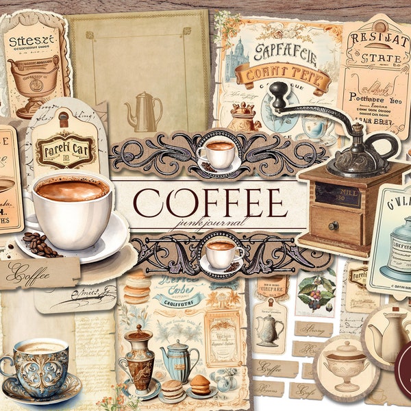 Kaffee Junk Journal Kit (druckbare JPG-Seiten mit Ephemera, Tags, Lesezeichen), Tea Time, Vintage French Cafe digitales Papier, digitaler Download