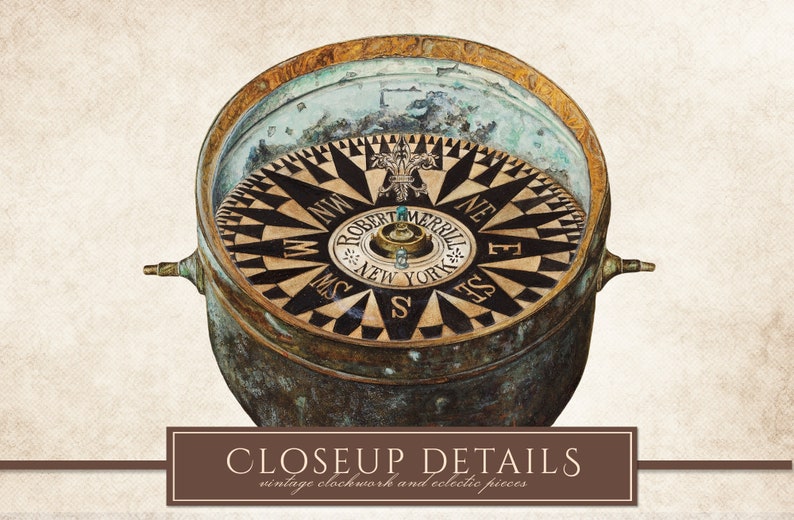 Op de afbeelding: Een antiek kompas met een gedetailleerde wijzerplaat met windrichtingen en de tekst "ROBERT MERRILL NEW YORK". Het kompas zit in een verweerde, bronskleurige behuizing, met de tekst "CLOSEUP DETAILS vintage clockwork and eclectic pieces".