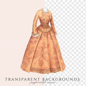May include: A vintage illustration of a woman wearing a long, orange dress with a floral pattern. The dress has a fitted bodice and a full skirt. The woman is standing on a white background.