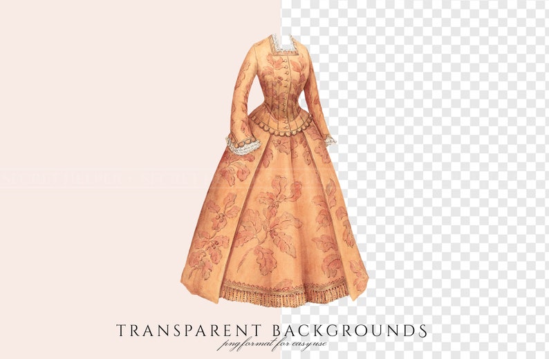 May include: A vintage illustration of a woman wearing a long, orange dress with a floral pattern. The dress has a fitted bodice and a full skirt. The woman is standing on a white background.
