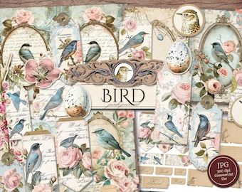 Bird Junk Journal Kit (afdrukbare JPG-pagina's met ephemera, tags, zakken), ovale frames, nestei, shabby chic digitaal papier, digitale download