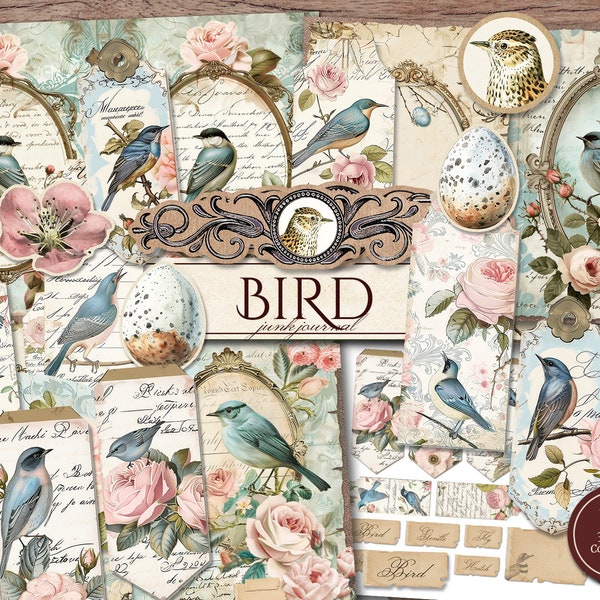 Bird Junk Journal Kit (druckbare JPG-Seiten mit Ephemera, Tags, Taschen), ovale Rahmen, Notgroschen, Shabby Chic Digital Papier, digitaler Download