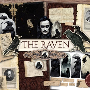 The Raven Junk Journal Kit (Páginas JPG imprimibles, Efímera, Portada, Marcador), Edgar Allan Poe, Papel digital Gothic Crow, Descarga digital