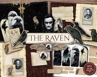 The Raven Junk Journal Kit (afdrukbare JPG-pagina's, Ephemera, Cover, Bookmark), Edgar Allan Poe, Gothic Crow Digital Paper, Digitale Download