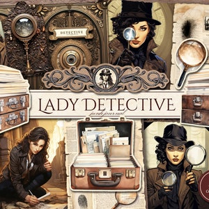Lady Detective Junk Journal Kit (Páginas JPG imprimibles con efímeras, etiquetas), Investigación policial, Caso, Papel digital criminal, Descarga digital