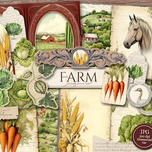 Kit de journal de bordel de ferme (pages JPG imprimables avec éphémères, étiquettes), champs de campagne, légumes, animaux de la ferme, papier numérique, téléchargement numérique
