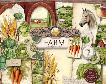 Farm Junk Journal Kit (Printable JPG Pages with Ephemera, Tags), Country Fields, Vegetables, Farm Animals, Digital Paper, Digital Download