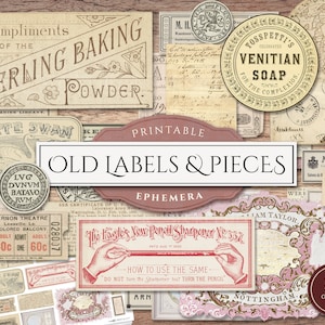 Alte Etiketten und Ephemera (in JPG), druckbare Junk-Journal-Verzierungen, Vintage-Zahlen, digitales Typografie-Scrap-Zubehör, digitaler Download