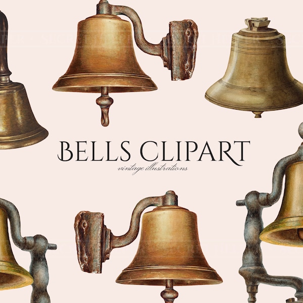 Vintage Bells Clipart en PNG, ilustraciones antiguas, campana de mano, campana colgante, gráficos superpuestos, descarga digital instantánea para uso comercial