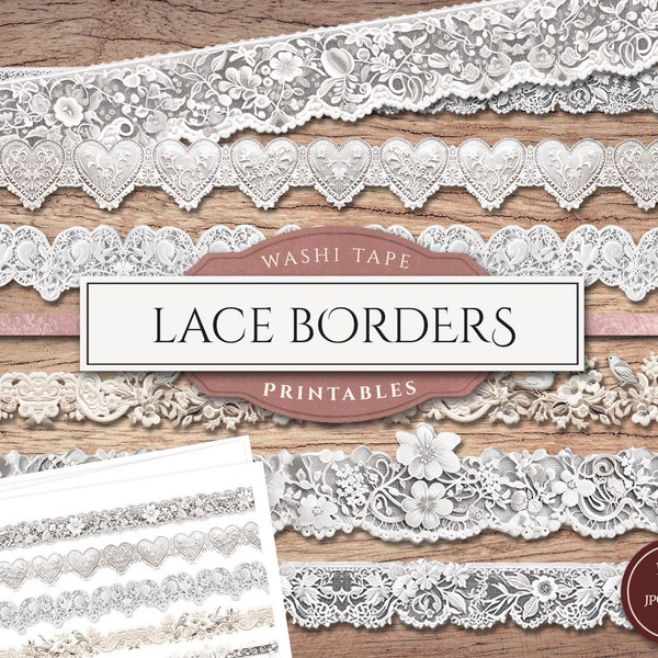 Printable Lace Borders (PNG Clipart + Collage Sheets), Seamless Lace Overlays, Fussy Cut Washi Tape, Junk Journal Supplies, Digital Download