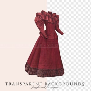 May include: A vintage illustration of a woman wearing a long, burgundy dress with a ruffled collar and long sleeves. The dress has a fitted bodice and a full skirt.