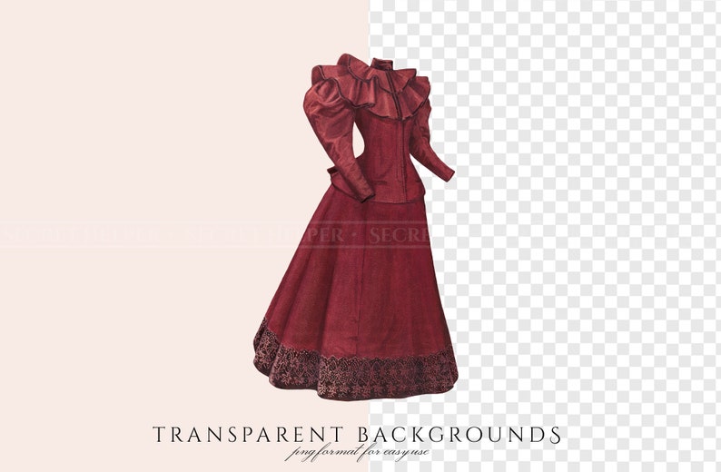 May include: A vintage illustration of a woman wearing a long, burgundy dress with a ruffled collar and long sleeves. The dress has a fitted bodice and a full skirt.