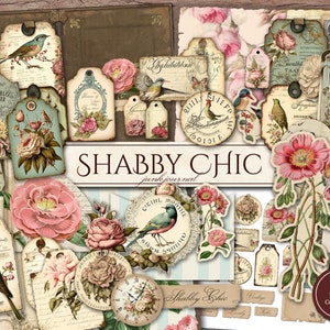 Shabby Chic Junk Journal Kit (afdrukbare jpg-pagina's met efemere verschijnselen, omslag, tags), pastel, klok, vogel, roos Digitaal papier, digitale download