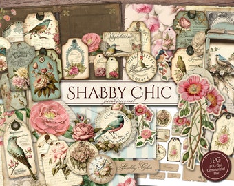 Shabby Chic Junk Journal Kit (Printable JPG Pages with Ephemera, Cover, Tags), Pastel, Clock, Bird, Rose Digital Paper, Digital Download