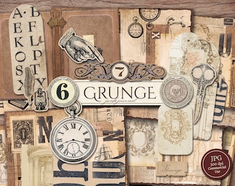 Vintage Grunge Junk Journal Kit (Printable JPG Pages with Ephemera, Tags), Industrial, Aged Distressed, Old Digital Paper, Digital Download