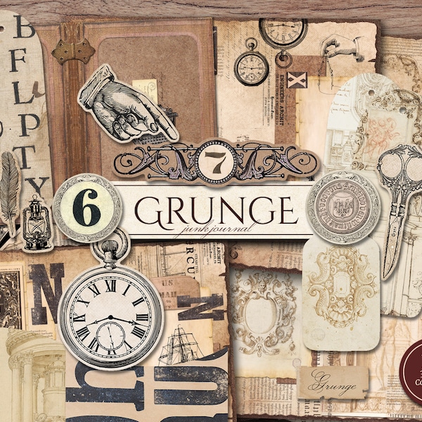 Vintage Grunge Junk Journal Kit (Printable JPG Pages with Ephemera, Tags), Industrial, Aged Distressed, Old Digital Paper, Digital Download