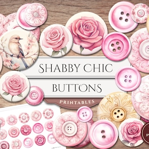 Botones Shabby Chic imprimibles (PNG Clipart + hojas de collage), cortes quisquillosos de color rosa pastel, álbum de recortes, efímera de diario basura, descarga digital