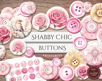 May include: Printable collage sheets featuring shabby chic buttons with pink roses, birds, and ornate designs. The text "Shabby Chic Buttons Printables" is displayed on the image.