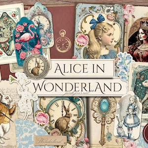 Alice In Wonderland Junk Journal Kit (Printable JPG Pages with Ephemera, Cover, Tags), Rabbit, Shabby Chic Digital Paper, Digital Download