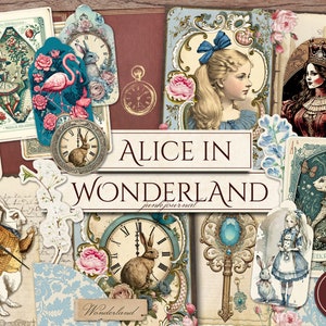 Alice In Wonderland Junk Journal Kit (Printable JPG Pages with Ephemera, Cover, Tags), Rabbit, Shabby Chic Digital Paper, Digital Download