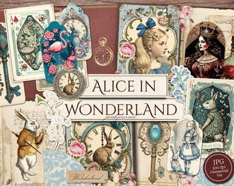 Alice In Wonderland Junk Journal Kit (Afdrukbare JPG-pagina's met Ephemera, Cover, Tags), Konijn, Shabby Chic Digital Paper, Digitale Download