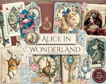 Alice In Wonderland Junk Journal Kit (Printable JPG Pages with Ephemera, Cover, Tags), Rabbit, Shabby Chic Digital Paper, Digital Download