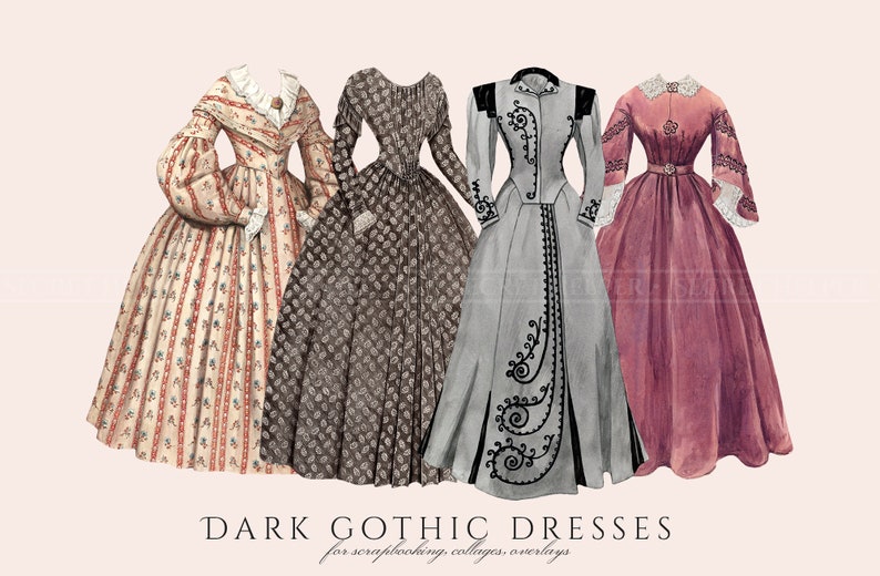 May include: Five vintage-style dresses in various dark colours and patterns, including floral, paisley, and geometric designs. The dresses are all long and have long sleeves. The text "DARK GOTHIC DRESSES for scrapbooking, collages, overlays" is at the bottom of the image.