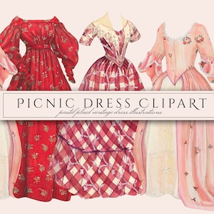 May include: Four vintage-style dresses in pink and red with floral and plaid patterns. The dresses are illustrated in a watercolor style. The text "PICNIC DRESS CLIPART" is at the bottom of the image.