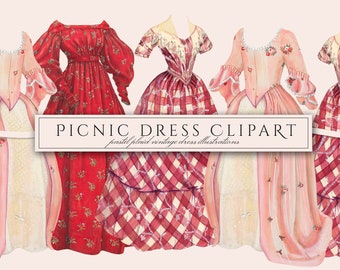 Picnic Dress Clipart in PNG, Plaid, Checkered & Floral, Vintage Fashion Ephemera Illustrations, Overlay, Digital Download for Commercial Use