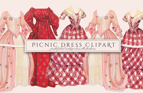 Picnic Dress Clipart in PNG, Plaid, Checkered & Floral, Vintage Fashion Ephemera Illustrations, Overlay, Digital Download for Commercial Use