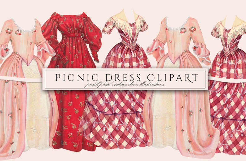 May include: Four vintage-style dresses in pink and red with floral and plaid patterns. The dresses are illustrated in a watercolor style. The text "PICNIC DRESS CLIPART" is at the bottom of the image.