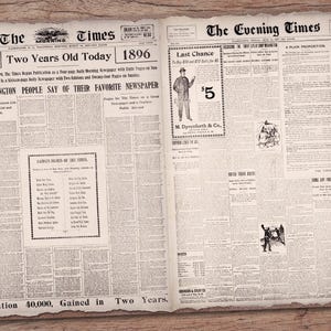 May include: A black and white newspaper clipping from The Times and The Evening Times, dated March 3, 1894. The headline reads "Two Years Old Today" and "Last Chance". The text mentions a circulation of 40,000.