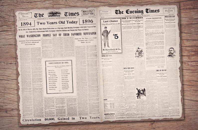 May include: A black and white newspaper clipping from The Times and The Evening Times, dated March 3, 1894. The headline reads "Two Years Old Today" and "Last Chance". The text mentions a circulation of 40,000.