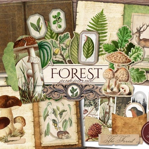 Forest Junk Journal Kit (afdrukbare JPG-pagina's met kortstondige, omslag, tags, bladwijzer), bosblad, botanisch digitaal papier, digitale download