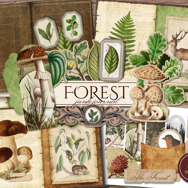 Forest Junk Journal Kit (Printable JPG Pages with Ephemera, Cover, Tags, Bookmark), Woodland Leaf, Botanical Digital Paper, Digital Download